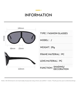 Spécifications détaillées de taille pour lunettes de soleil noires oversize avec dimensions