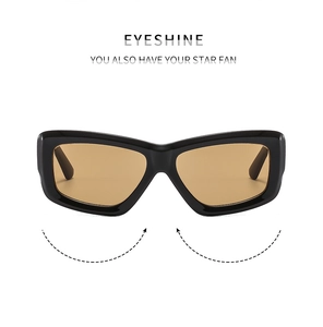 Close-up of square black sunglasses with thick frames and light brown tinted lenses