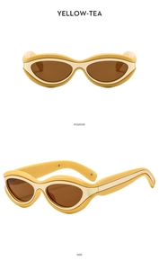 Détails des lunettes de soleil œil-de-chat rétro jaunes avec verres thé et métal