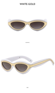 Vues de face et de profil de lunettes de soleil œil-de-chat blanches avec détails dorés