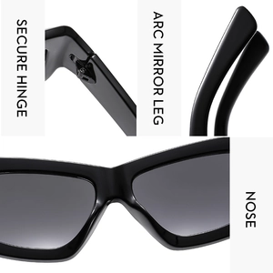 Detail view of square sunglasses showing secure hinge, arc legs and ergonomic nose pads
