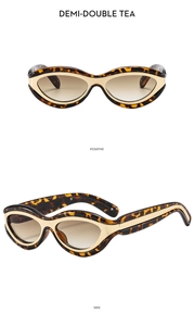 Vues détaillées de lunettes de soleil œil-de-chat rétro avec monture écaillée et verres thé