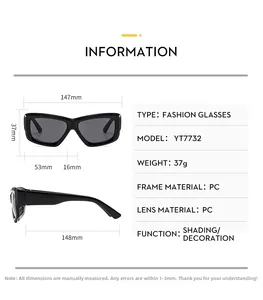 Detailed size specifications for square frame sunglasses with PC frame and lens measurements