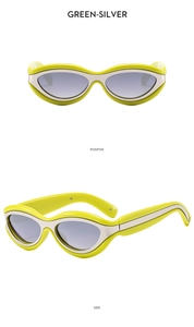 Vues de face et de côté de lunettes œil-de-chat vert et argent à verres dégradés violets