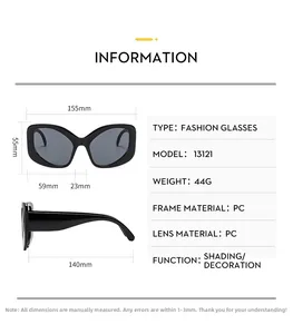 Size chart showing 155mm width and 55mm height for these cat eye sunglasses