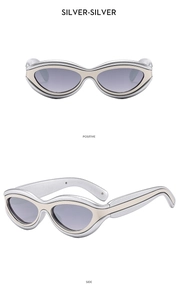 Lunettes de soleil ovales argentées futuristes avec verres violets clairs, vues face et profil