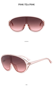 Vues détaillée de face et de profil de lunettes de soleil shield surdimensionnées rose