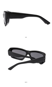Side and back views of high-quality black rectangular sunglasses with glossy finish