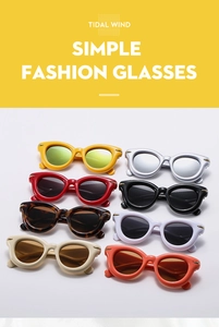 Detailed display of eight different color frames for these wide-frame cat-eye sunglasses