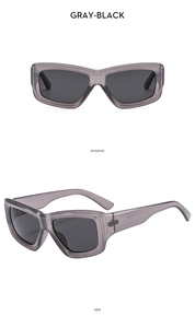 Detail view showing gray-black square sunglasses with thick frames from side and front