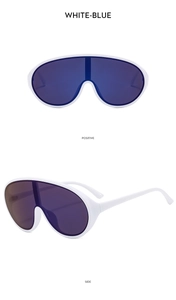 Vues de face et de profil de lunettes de soleil shield blanches avec verres violets