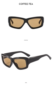 Detailed views of square black thick-frame sunglasses with coffee tea tinted lenses