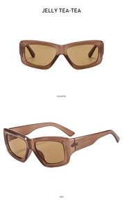 Front and side view of trendy rectangular sunglasses in translucent jelly tea color
