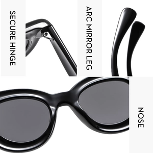 Detailed views of sunglasses featuring secure metal hinges and ergonomic arc mirror legs