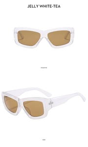 Detailed views of jelly white square sunglasses with tea lenses from front and side