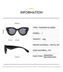 Detailed technical drawing of black fashion sunglasses showing precise frame dimensions