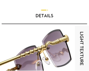 Close-up of gold snake-textured metal temples and gradient purple rimless lenses