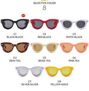 Color options for retro cat eye sunglasses showing eight diverse frame and lens variations