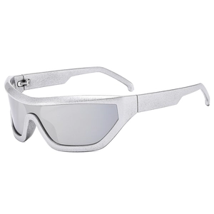 Lunettes de soleil de cyclisme Y2K argentées futuristes avec verres miroir larges