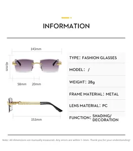 Detailed size specifications and dimensions for rimless purple gradient sunglasses