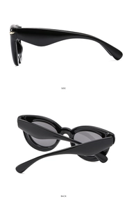 Side and back view of stylish black sunglasses with glossy frames and dark grey lenses