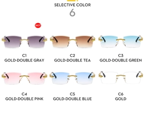 Close-up of rimless square sunglasses with gold metal snake-patterned luxury temples
