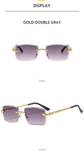 Detail view of gold snake-pattern metal temples and rectangle gradient lenses on sunglasses