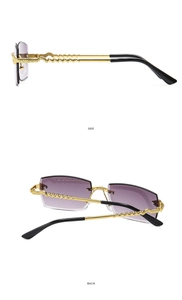Detail view showing snake-textured gold metal temples on rimless purple gradient sunglasses