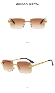 Front and side views of rimless square sunglasses with gold snake-patterned temples