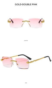 Frameless gold sunglasses with pink gradient lenses and detailed snake scale temples