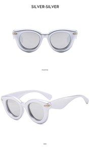 Detailed front and side views of silver cat-eye sunglasses with golden hinge accents