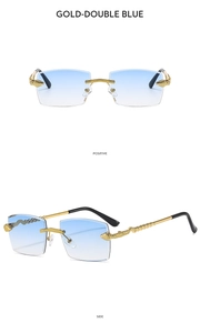 Detail of rimless square sunglasses with golden snake-shaped temples and blue gradient lens