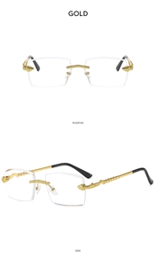 Detail of gold frameless square sunglasses featuring intricate snake textured metal temples