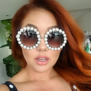 Luxury oversized round sunglasses with pearl-embellished frames and gradient brown lenses