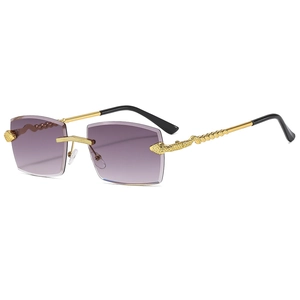 Frameless sunglasses with purple gradient lenses and golden snake carved metal temples