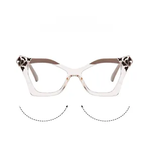 Close-up of cat-eye glasses with transparent frames and leopard print accents