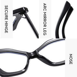 Detail view of the cat-eye frames featuring a secure hinge and integrated nose pads