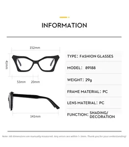 Detailed size chart and dimensions of the black cat eye PC frame blue light glasses