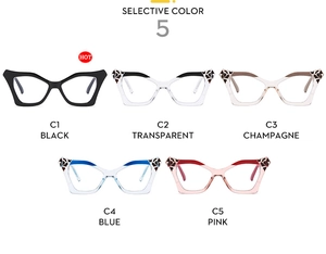Cat eye glasses frames in black, transparent, champagne, blue, and pink color options