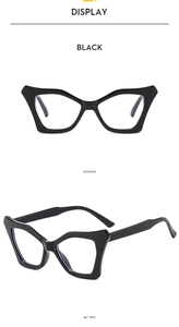 Detail view of black cat-eye blue light blocking glasses from front and 45-degree angles