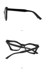 Detail view showing the side and back of black cat-eye anti-blue light glasses frames