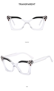 Detail of cat eye glasses frame with transparent PC material and leopard print accents