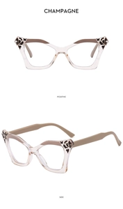 Cat-eye anti-blue light glasses in champagne with leopard accents, front and side views