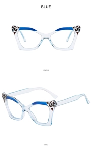 Detailed front and side views of cat-eye blue light blocking glasses with leopard print