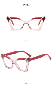 Detailed views of pink cat-eye glasses frames with red accents and leopard accents