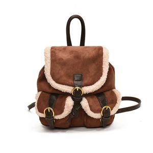 Vintage dark brown faux suede backpack with white fleece trim and gold ring buckles