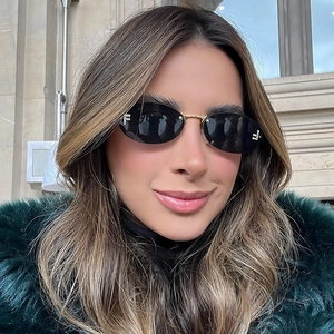 Oval Rimless Sunglasses Metal Frame UV400 Gradient PC Lens Rhinestone Letter F Decoration Retro Fashion Women Unisex