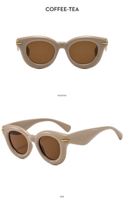 Vista frontale e laterale di occhiali da sole vintage cat-eye color caffè con accenti metallici
