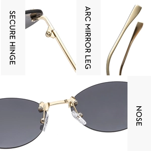 Detail of vintage rimless sunglasses showing secure metal hinges and arc mirror legs