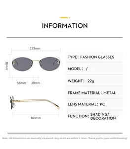 Detailed size specifications for oval rimless metal sunglasses with 133mm frame width